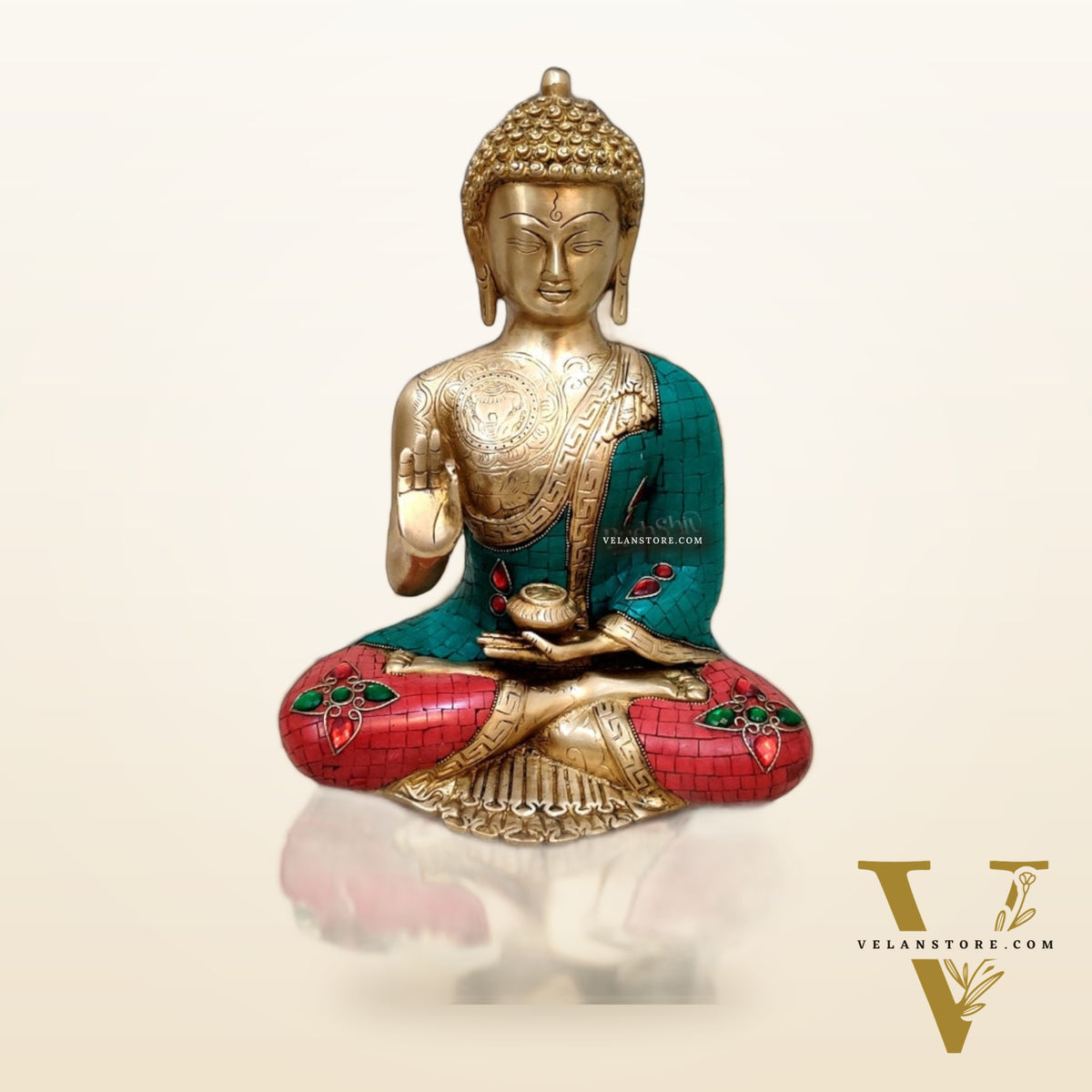 Brass Blessing Buddha Statue with Natural Stones | 12" x 10" x 6"