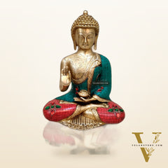 Brass Blessing Buddha Statue with Natural Stones | 12" x 10" x 6"