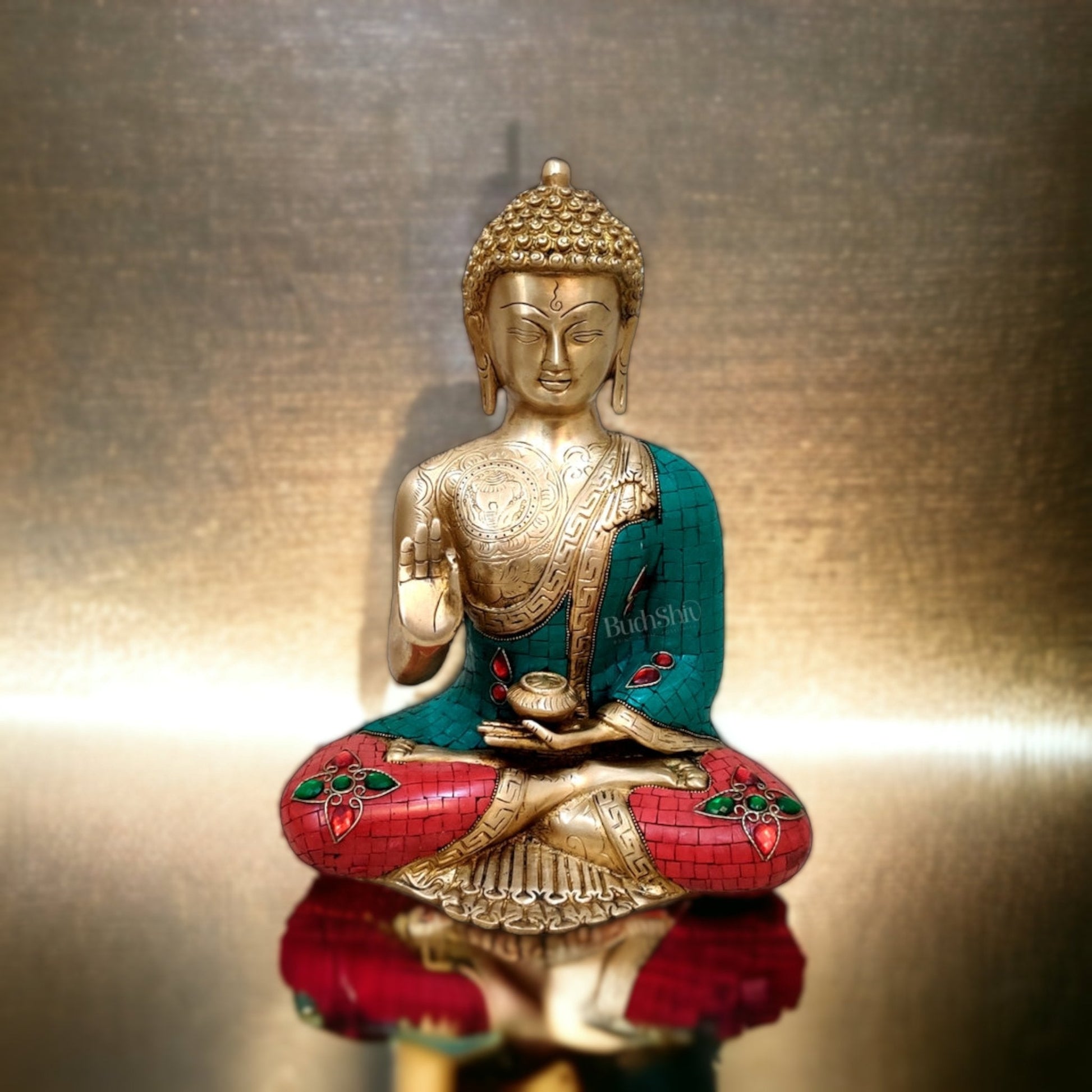 Brass Blessing Buddha Statue with Natural Stones | 12" x 10" x 6"