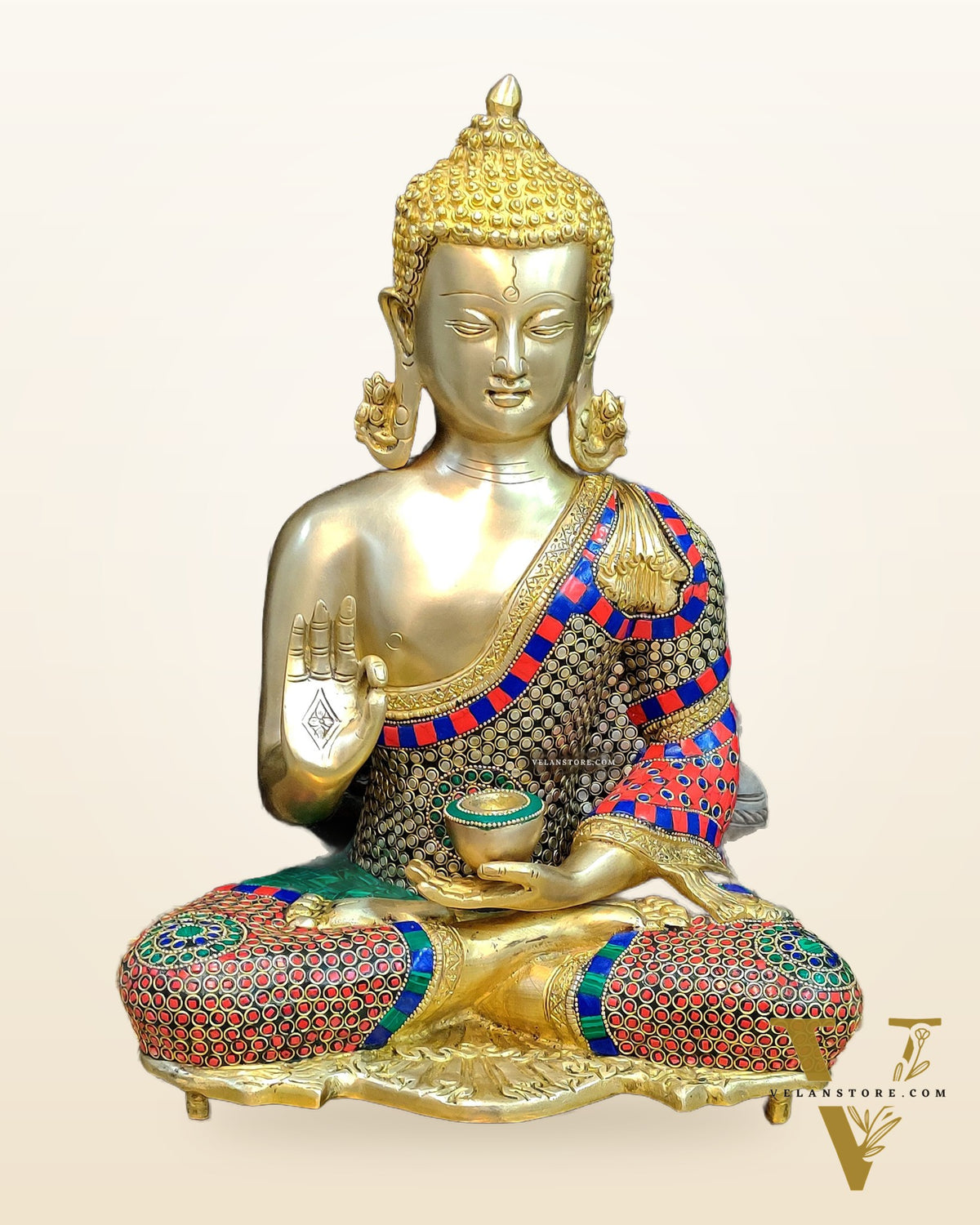 Brass Blessing Buddha with Stonework 16"