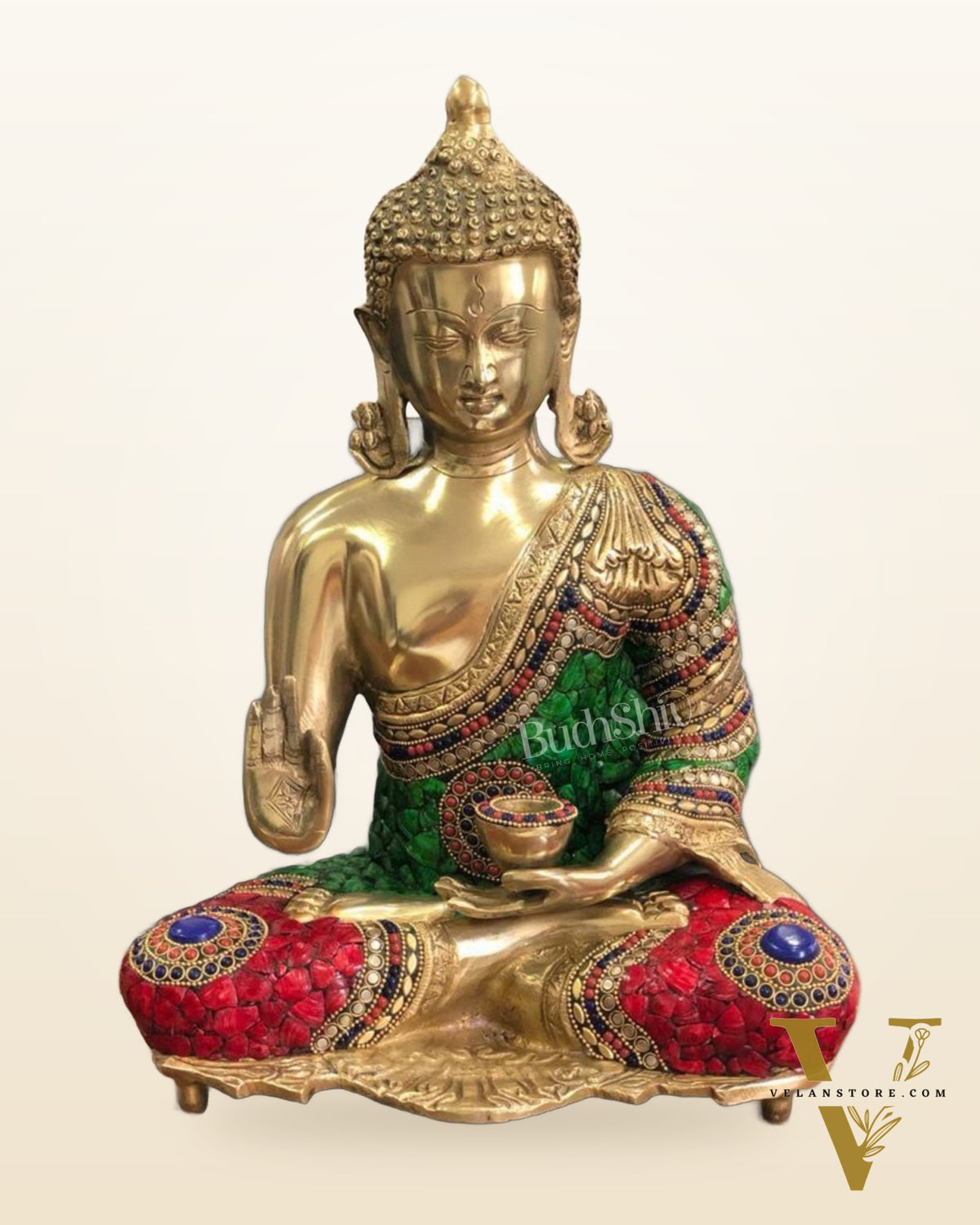 Brass Blessing Buddha with Stonework 16"