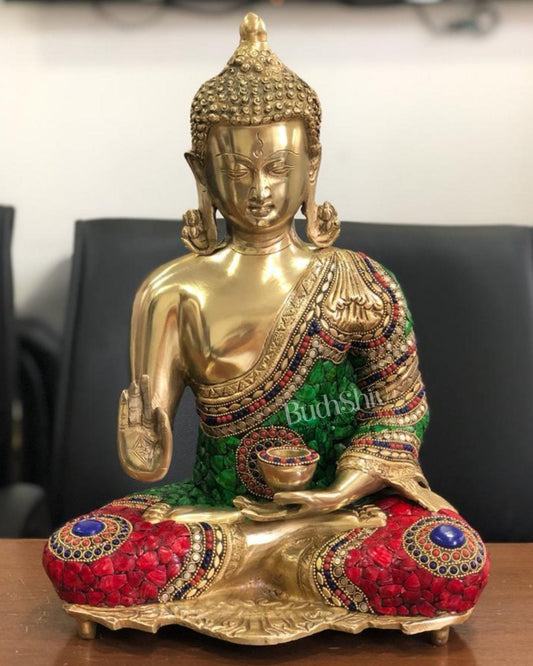 Brass Blessing Buddha with Stonework 16"