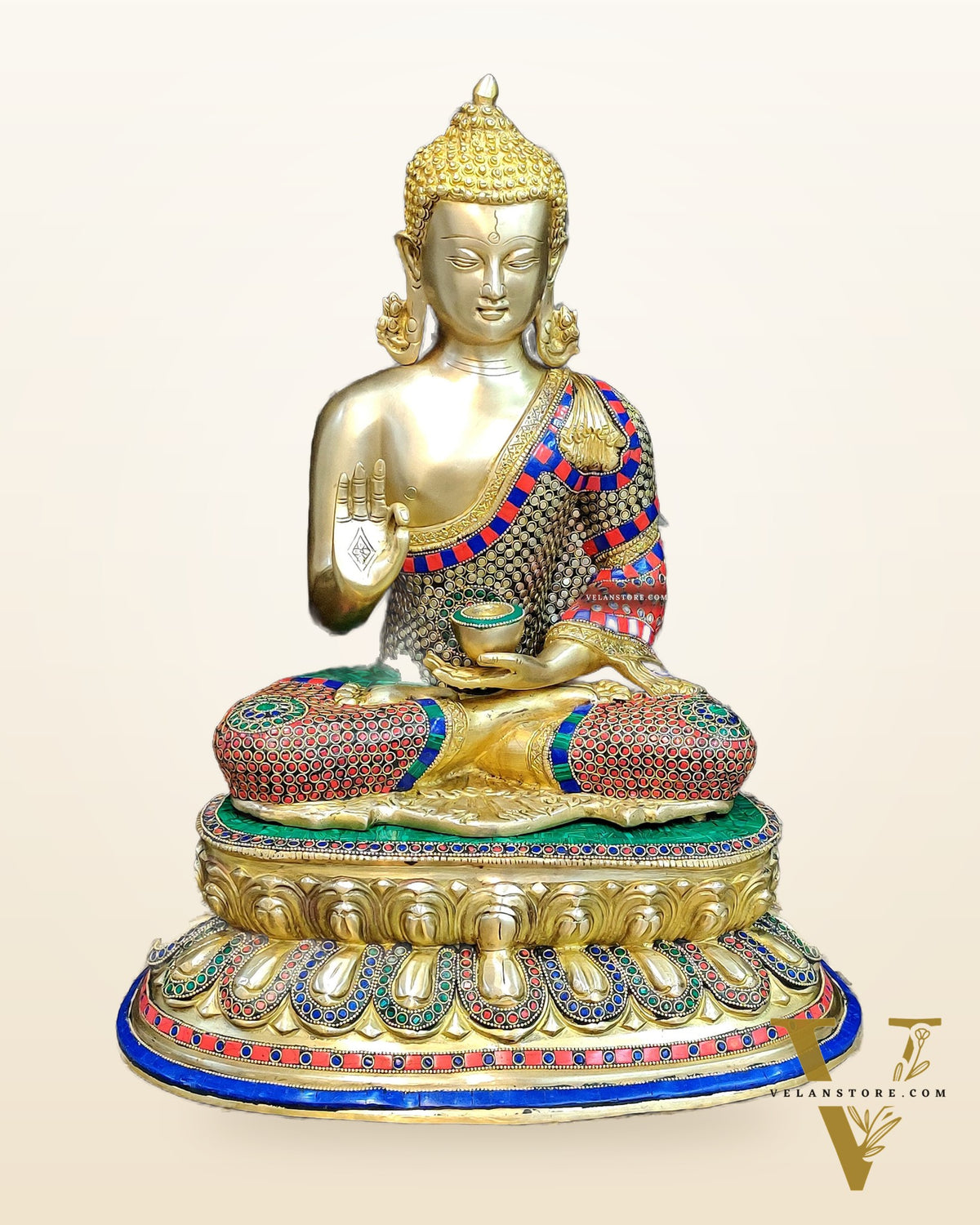 Brass Blessing Buddha with Stonework 21"