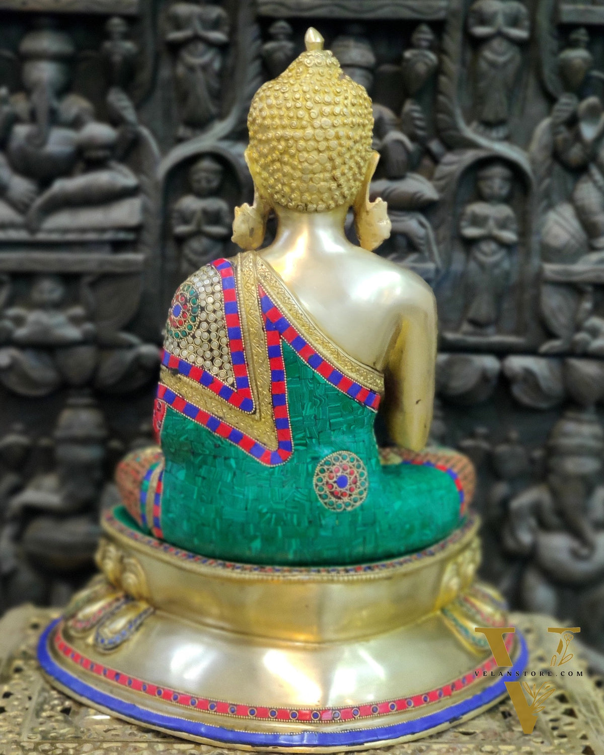 Brass Blessing Buddha with Stonework 21"