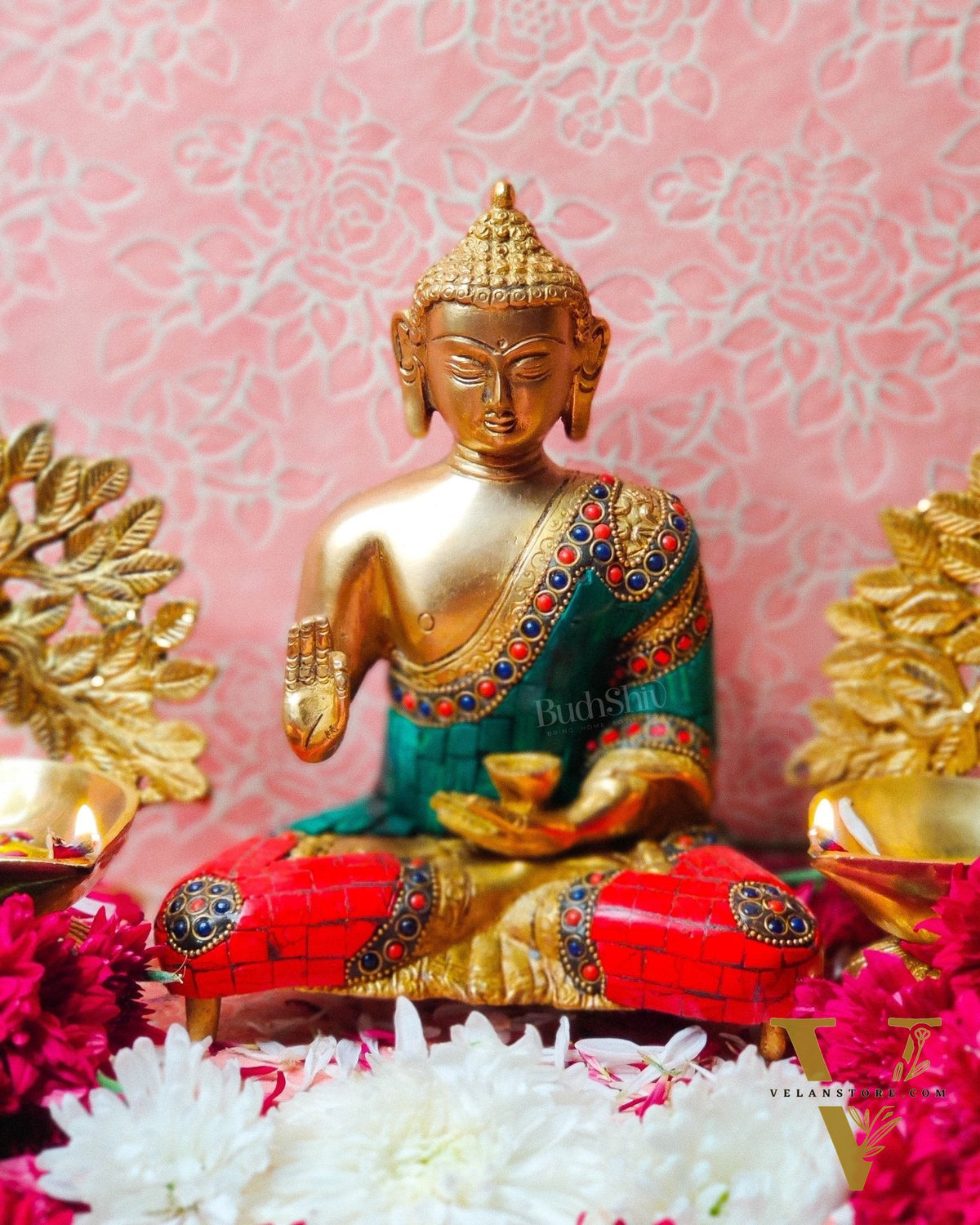 Brass Blessing buddha with stonework 8"