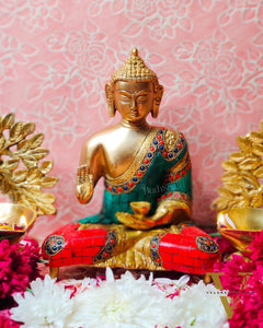 Brass Blessing buddha with stonework 8"