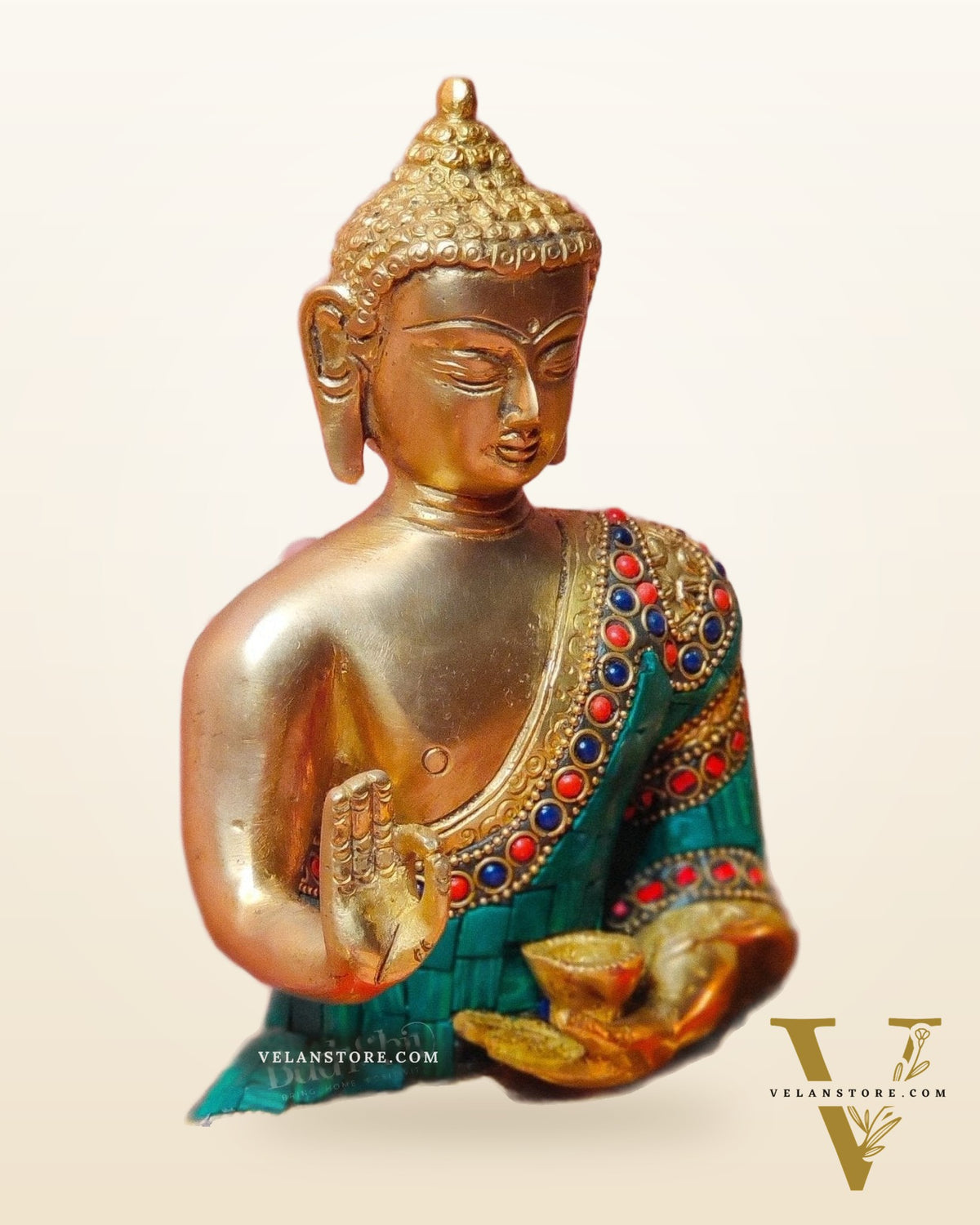 Brass Blessing buddha with stonework 8"