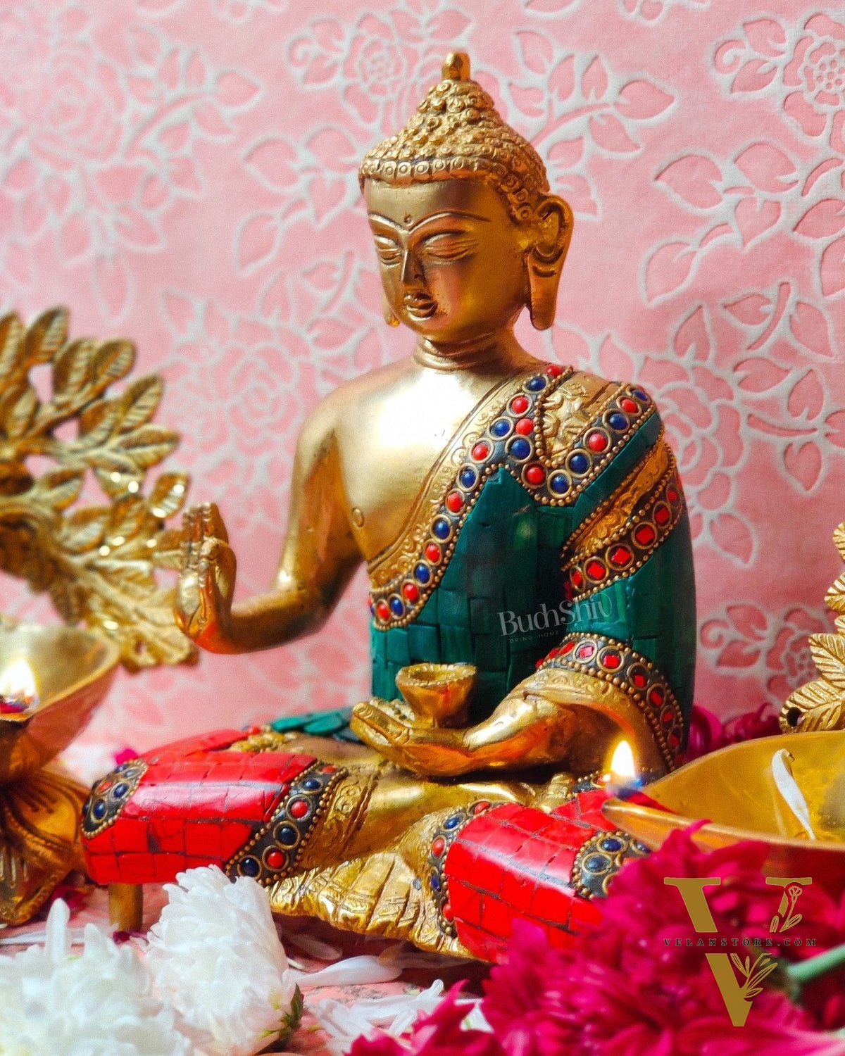 Brass Blessing buddha with stonework 8"