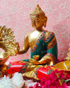 Brass Blessing buddha with stonework 8"