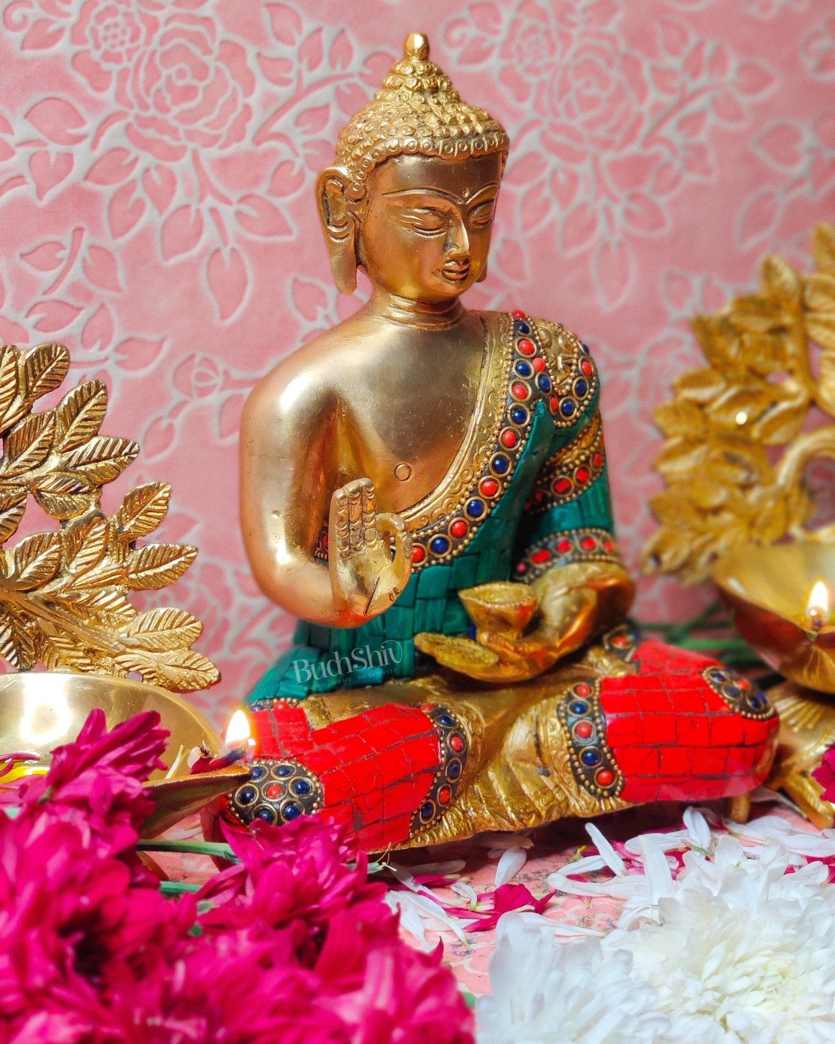 Brass Blessing buddha with stonework 8"