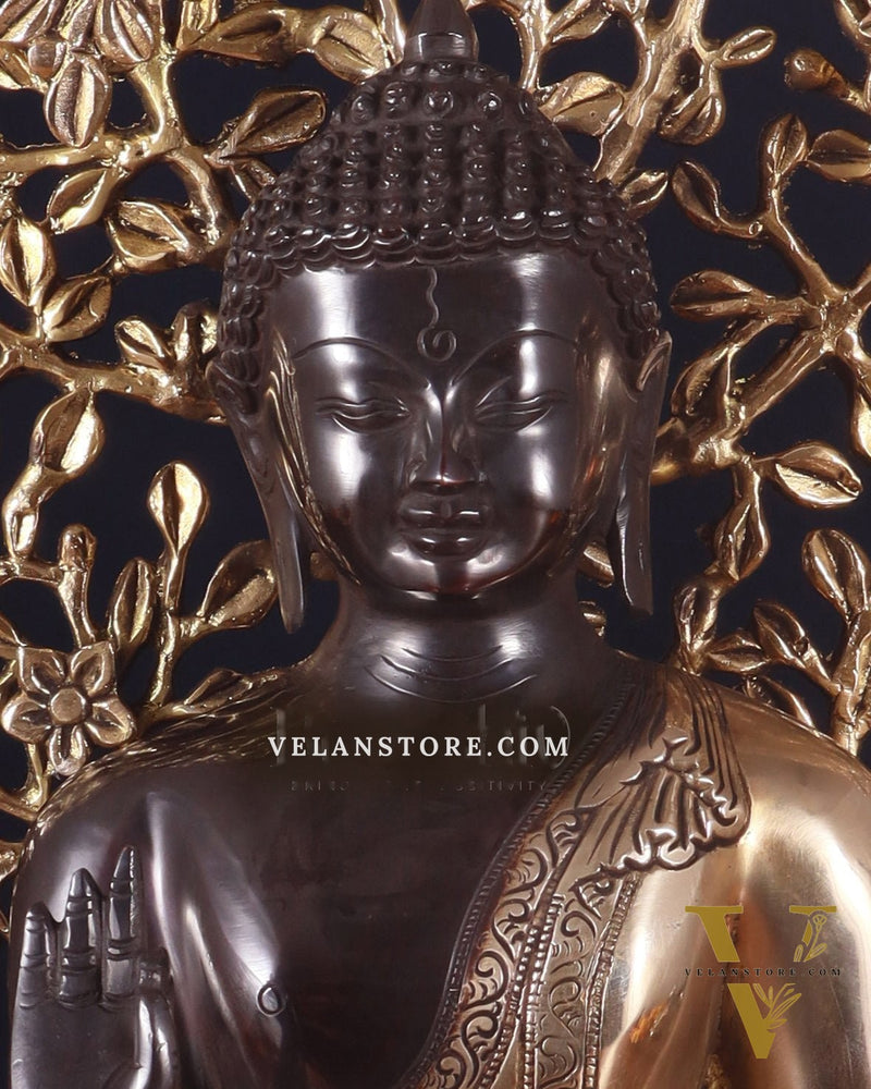 Brass Blessing Buddha with Tree Statue – Black Edition, 20 Inch