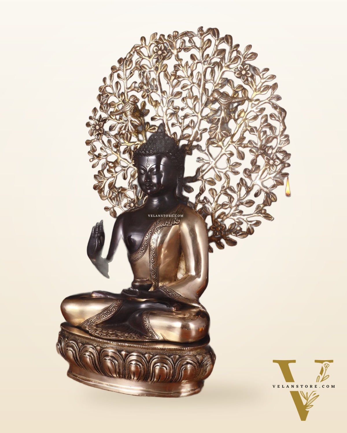 Brass Blessing Buddha with Tree Statue – Black Edition, 20 Inch