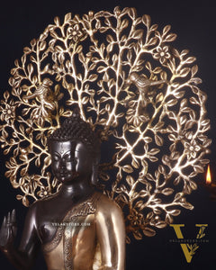 Brass Blessing Buddha with Tree Statue – Black Edition, 20 Inch