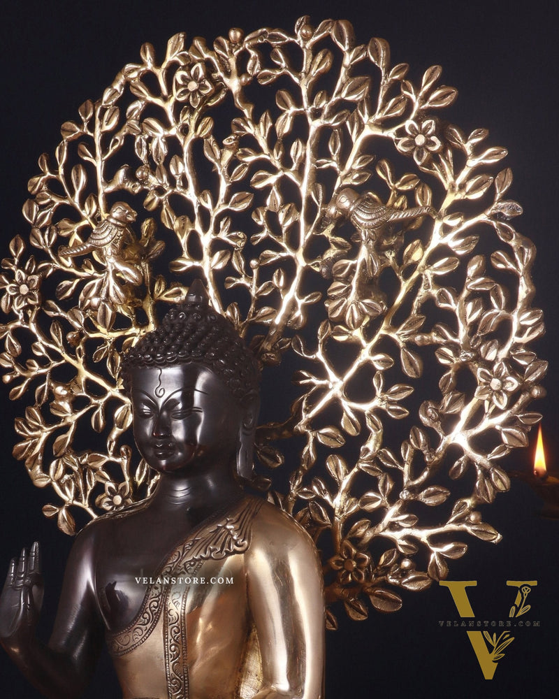 Brass Blessing Buddha with Tree Statue – Black Edition, 20 Inch