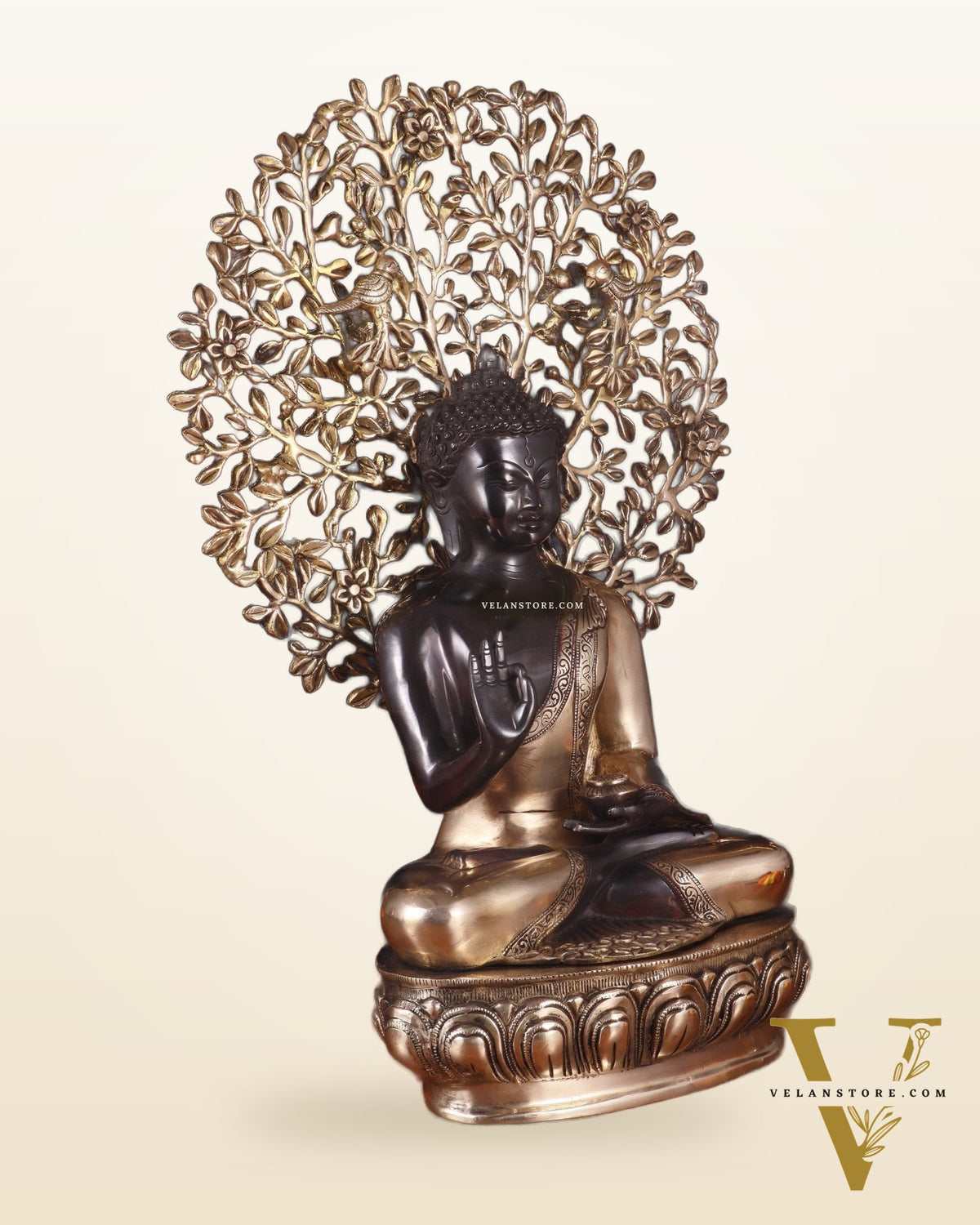 Brass Blessing Buddha with Tree Statue – Black Edition, 20 Inch