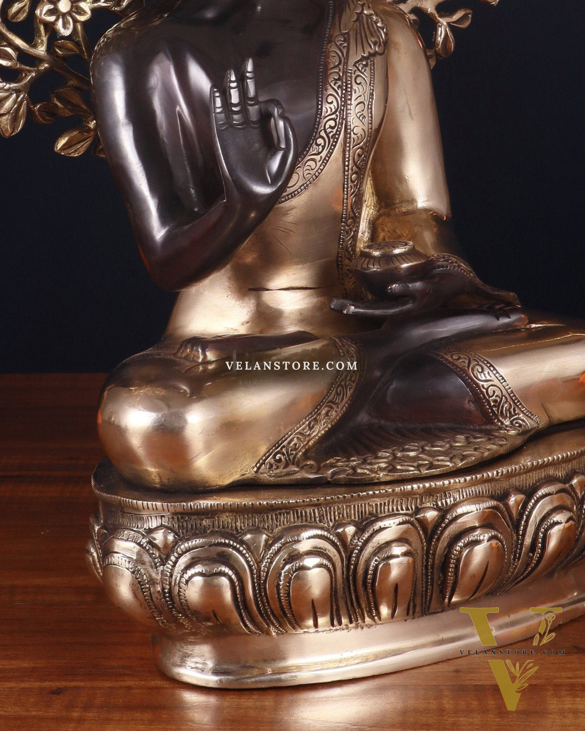 Brass Blessing Buddha with Tree Statue – Black Edition, 20 Inch