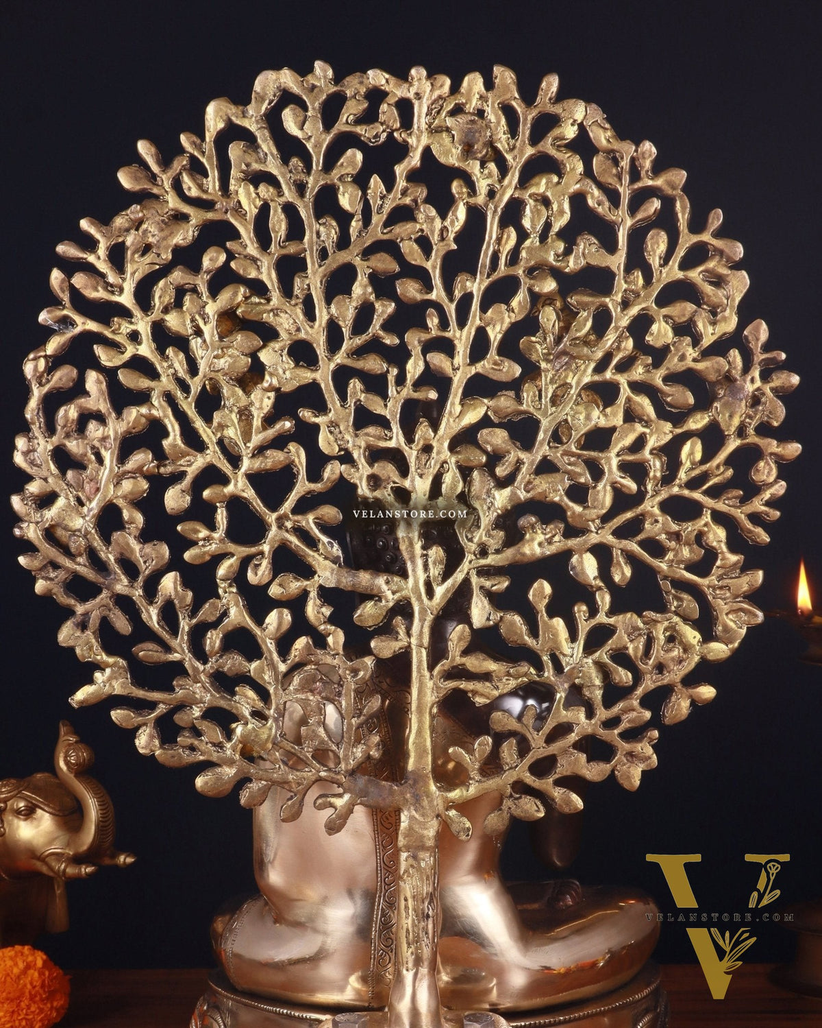 Brass Blessing Buddha with Tree Statue – Black Edition, 20 Inch