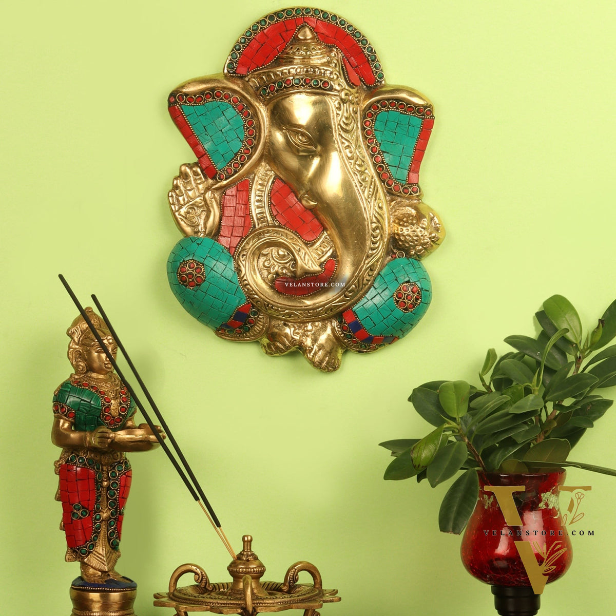 Brass Blessing Ganesha Wall Hanging Stonework 10"