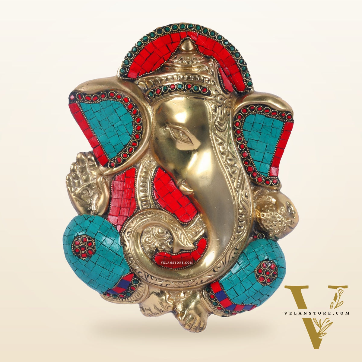 Brass Blessing Ganesha Wall Hanging Stonework 10"