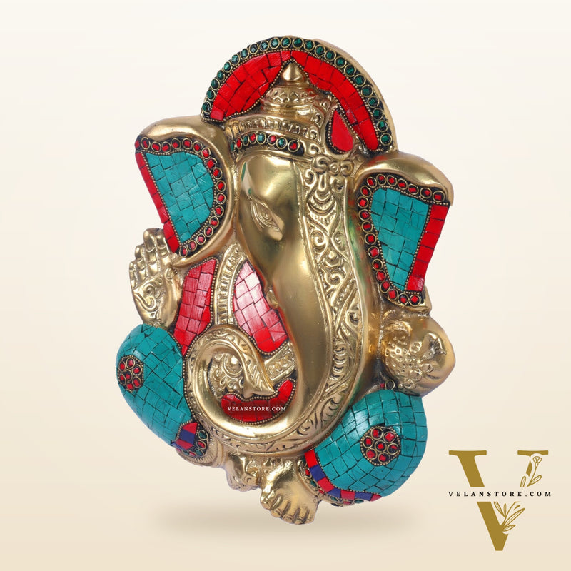 Brass Blessing Ganesha Wall Hanging Stonework 10"