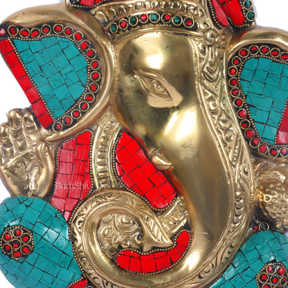 Brass Blessing Ganesha Wall Hanging Stonework 10"