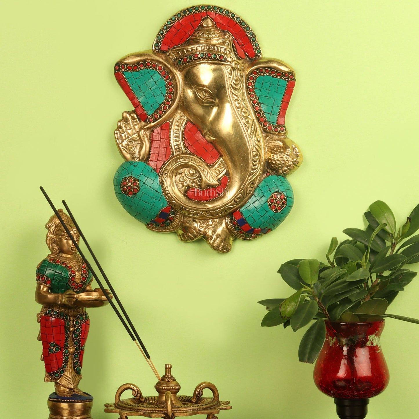 Brass Blessing Ganesha Wall Hanging Stonework 10"