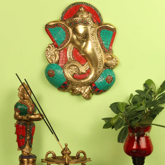 Brass Blessing Ganesha Wall Hanging Stonework 10"