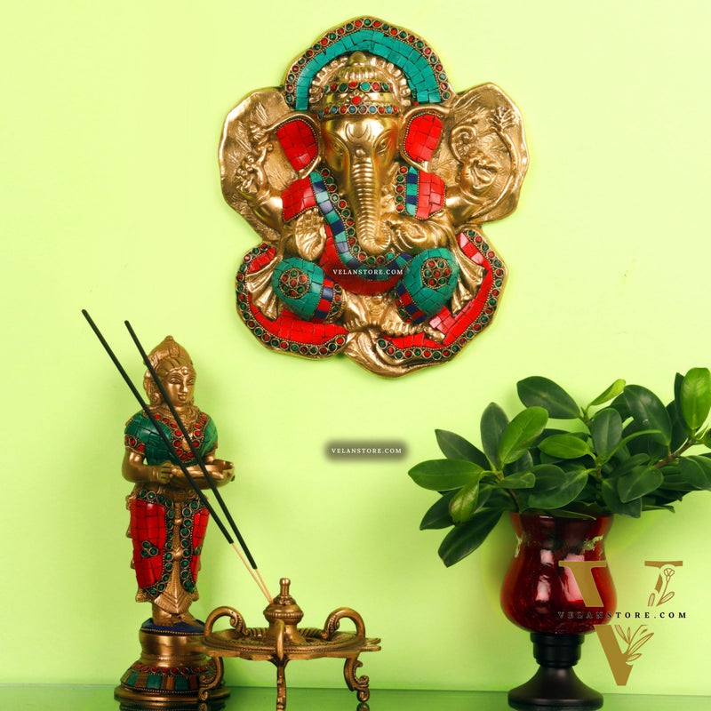 Brass Blessing Ganesha Wall Hanging Stonework 9"