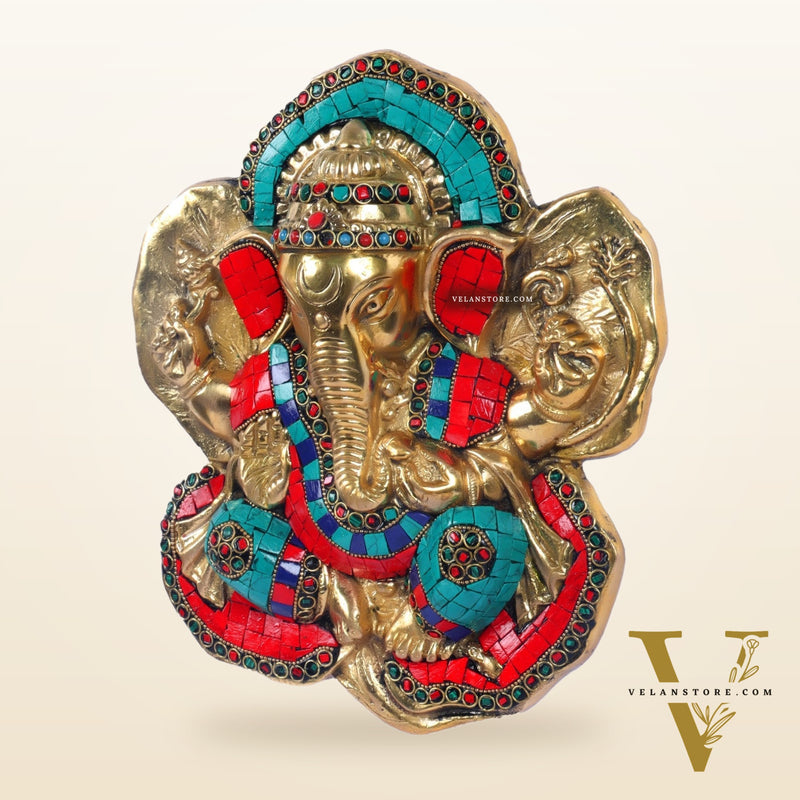 Brass Blessing Ganesha Wall Hanging Stonework 9"