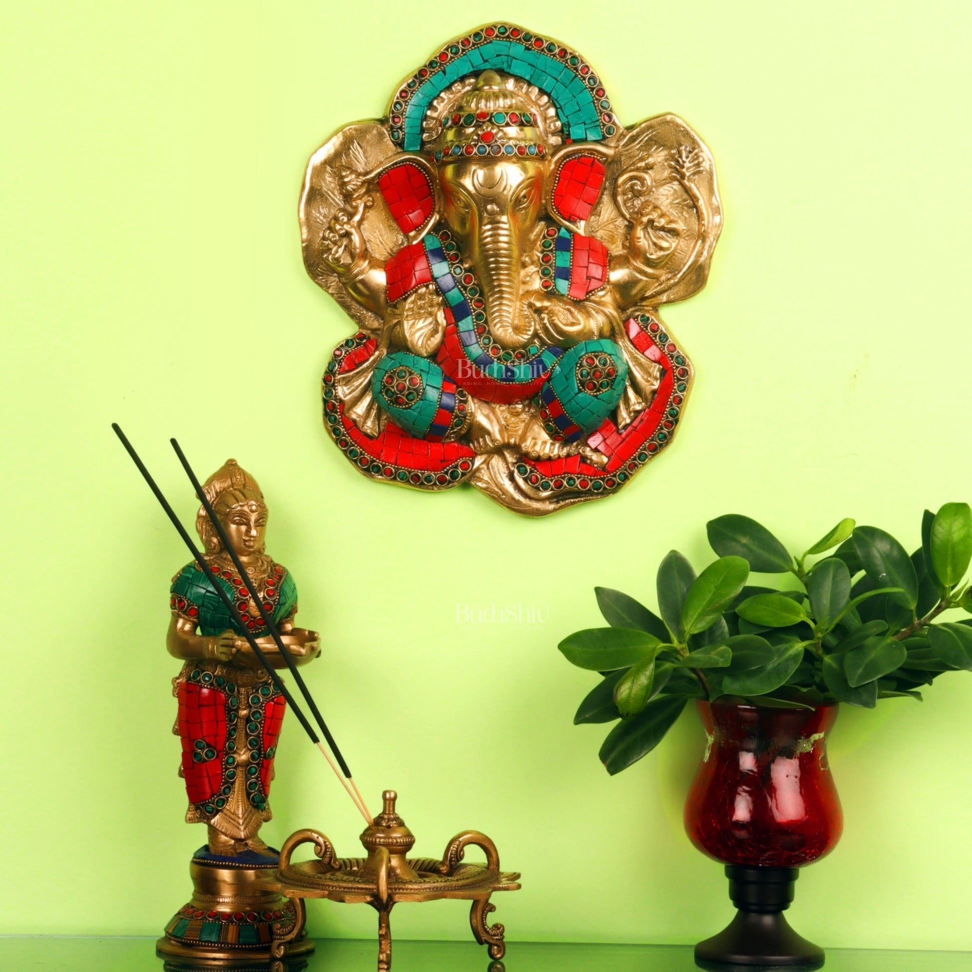 Brass Blessing Ganesha Wall Hanging Stonework 9"