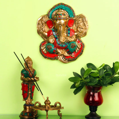 Brass Blessing Ganesha Wall Hanging Stonework 9"