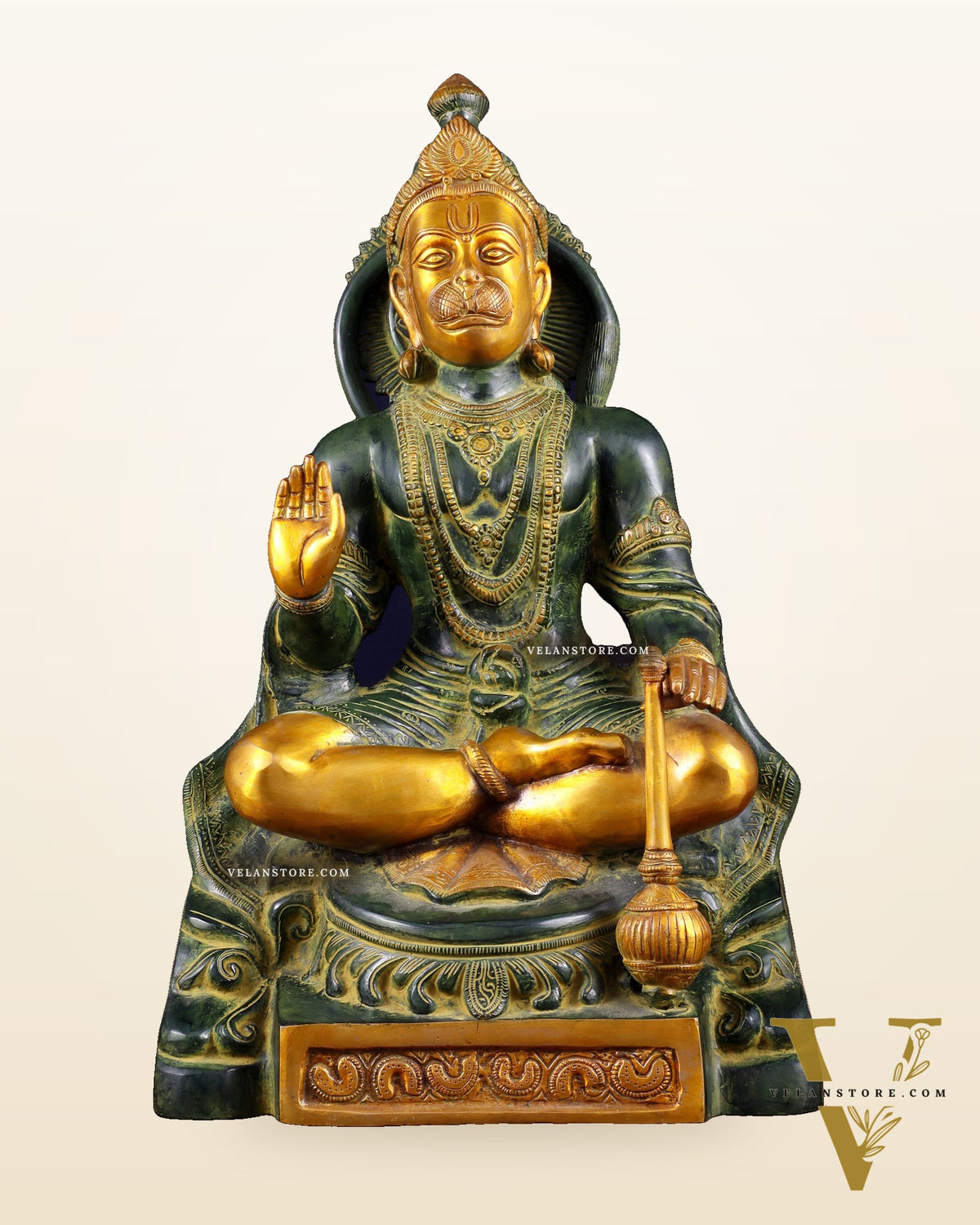 Brass Blessing Hanuman Statue – Green Tone, 17.5 Inch