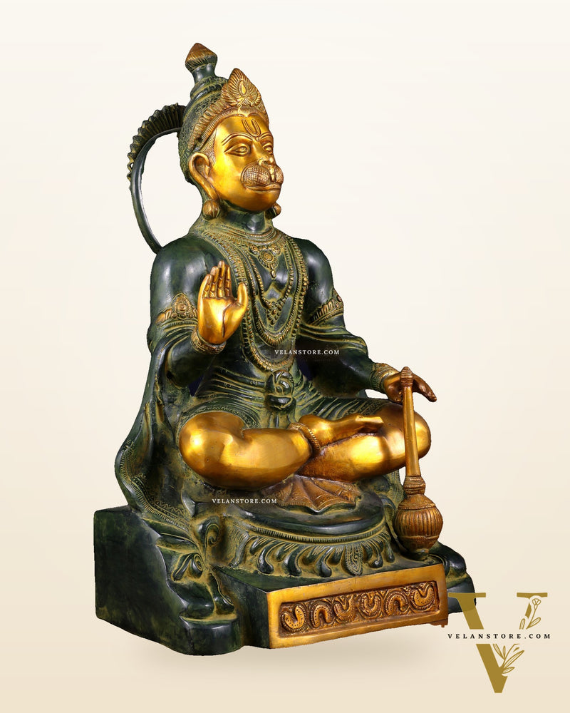 Brass Blessing Hanuman Statue – Green Tone, 17.5 Inch