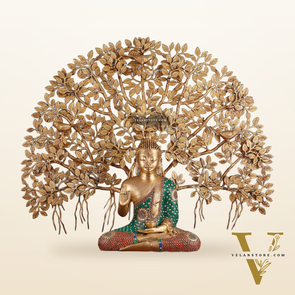 Brass Buddha Abhaya Mudra Statue & Superfine Kalpavriksha Tree – Divine Decor Combo