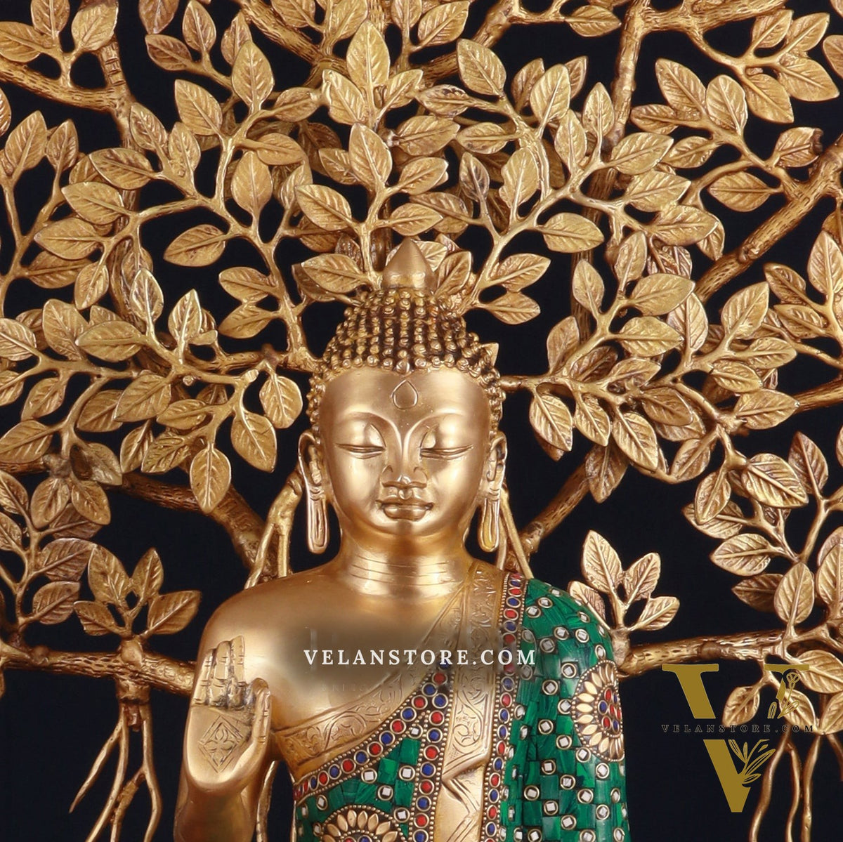 Brass Buddha Abhaya Mudra Statue & Superfine Kalpavriksha Tree – Divine Decor Combo