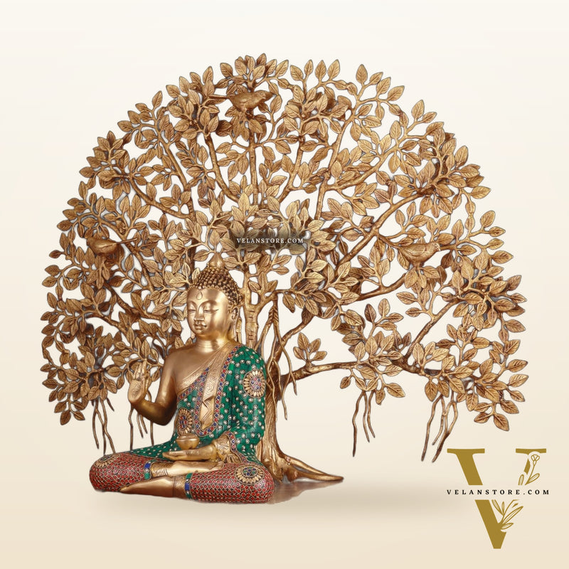 Brass Buddha Abhaya Mudra Statue & Superfine Kalpavriksha Tree – Divine Decor Combo