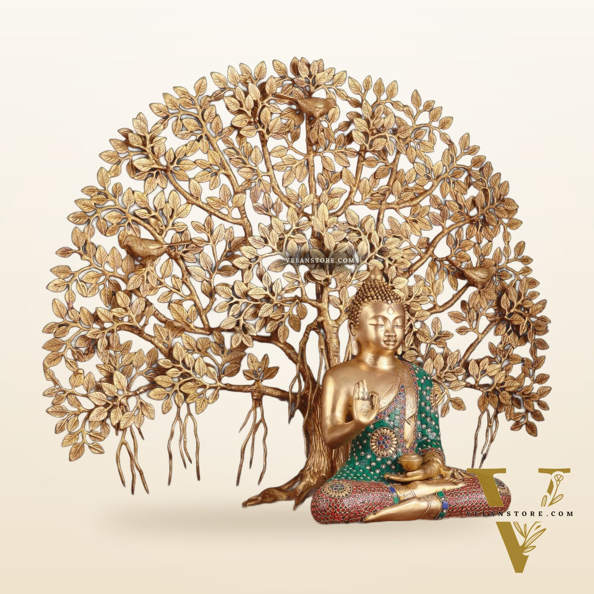 Brass Buddha Abhaya Mudra Statue & Superfine Kalpavriksha Tree – Divine Decor Combo