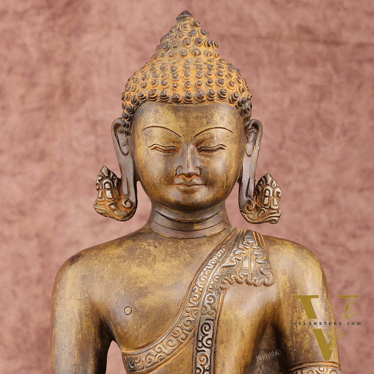 Brass Buddha Bhoomi Sparsha Antique Finish Statue | 14 inch