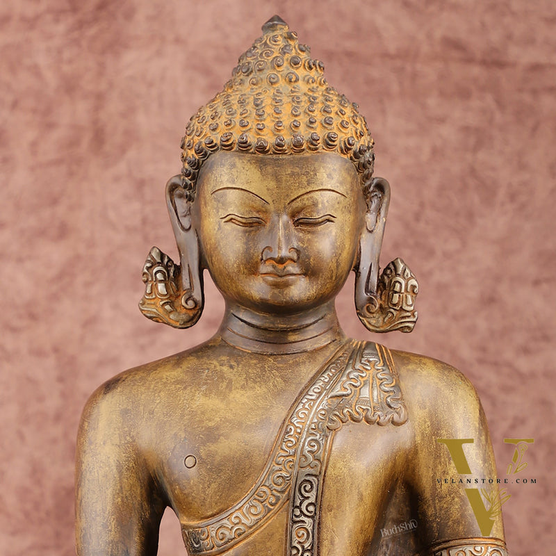 Brass Buddha Bhoomi Sparsha Antique Finish Statue | 14 inch