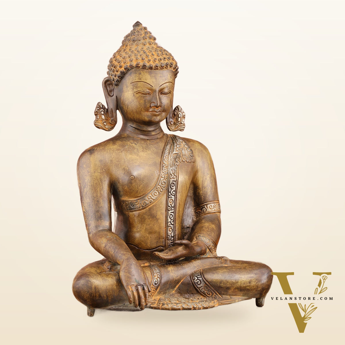 Brass Buddha Bhoomi Sparsha Antique Finish Statue | 14 inch