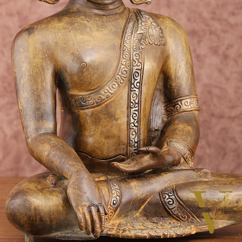 Brass Buddha Bhoomi Sparsha Antique Finish Statue | 14 inch