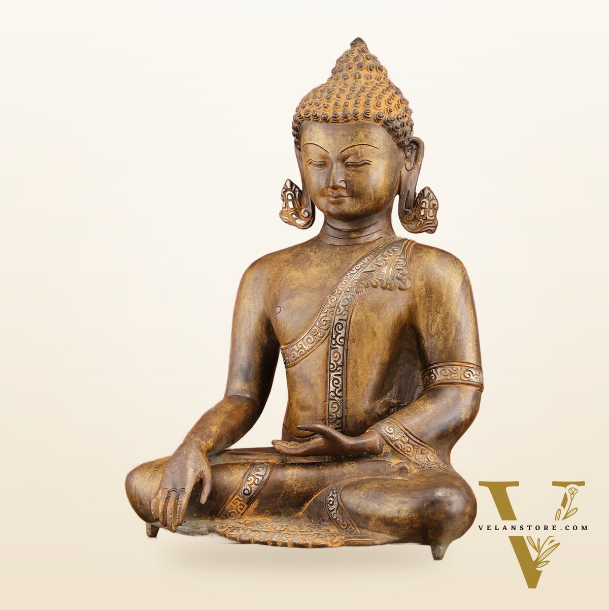 Brass Buddha Bhoomi Sparsha Antique Finish Statue | 14 inch