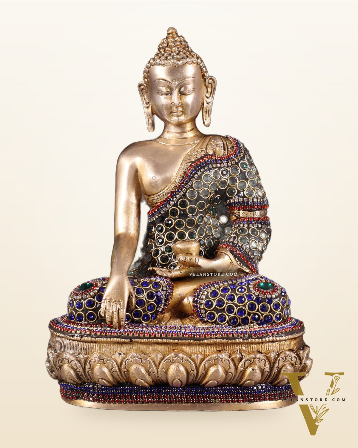 Brass Buddha bhoomisparsha Idol - 9 Inch jewellers meenakari