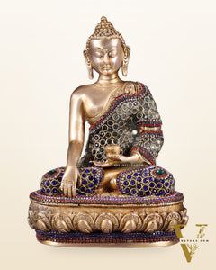 Brass Buddha bhoomisparsha Idol - 9 Inch jewellers meenakari
