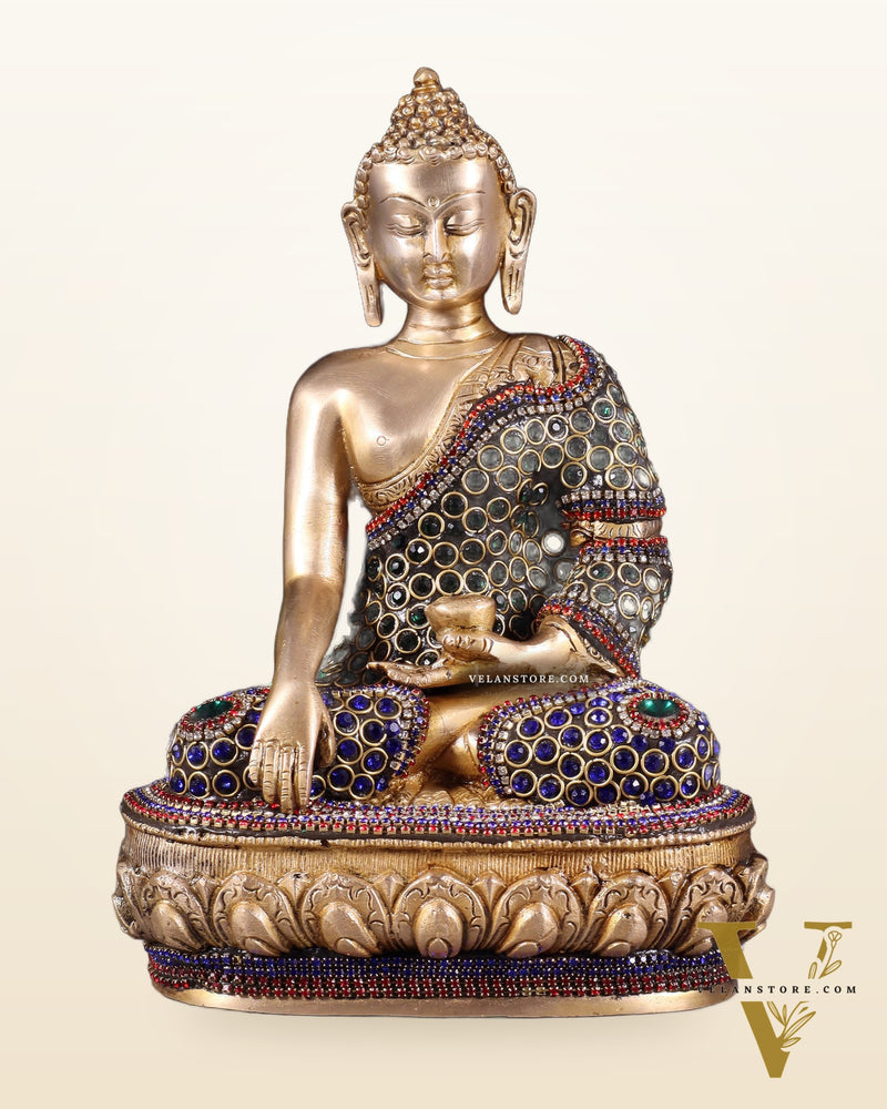 Brass Buddha bhoomisparsha Idol - 9 Inch jewellers meenakari