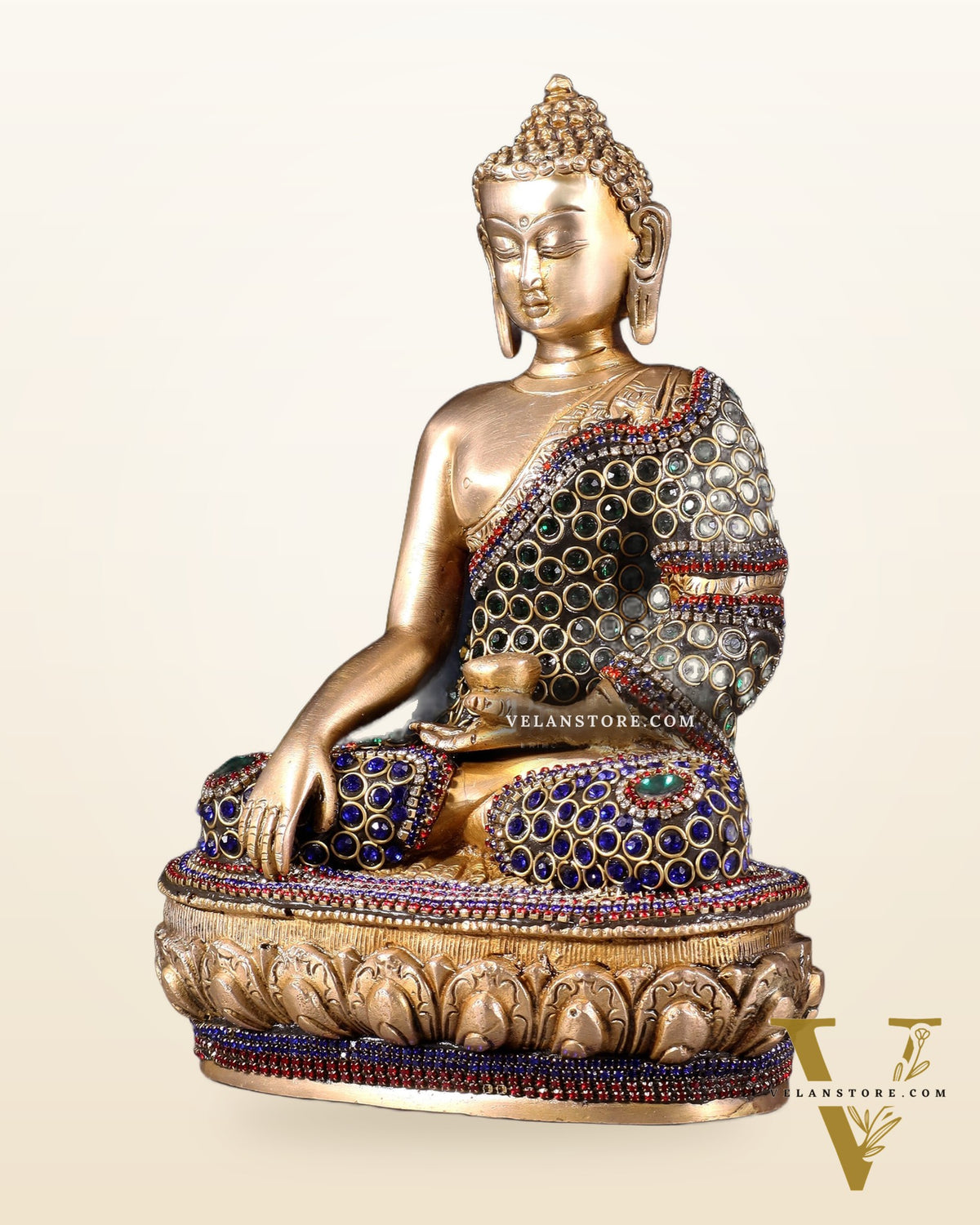 Brass Buddha bhoomisparsha Idol - 9 Inch jewellers meenakari