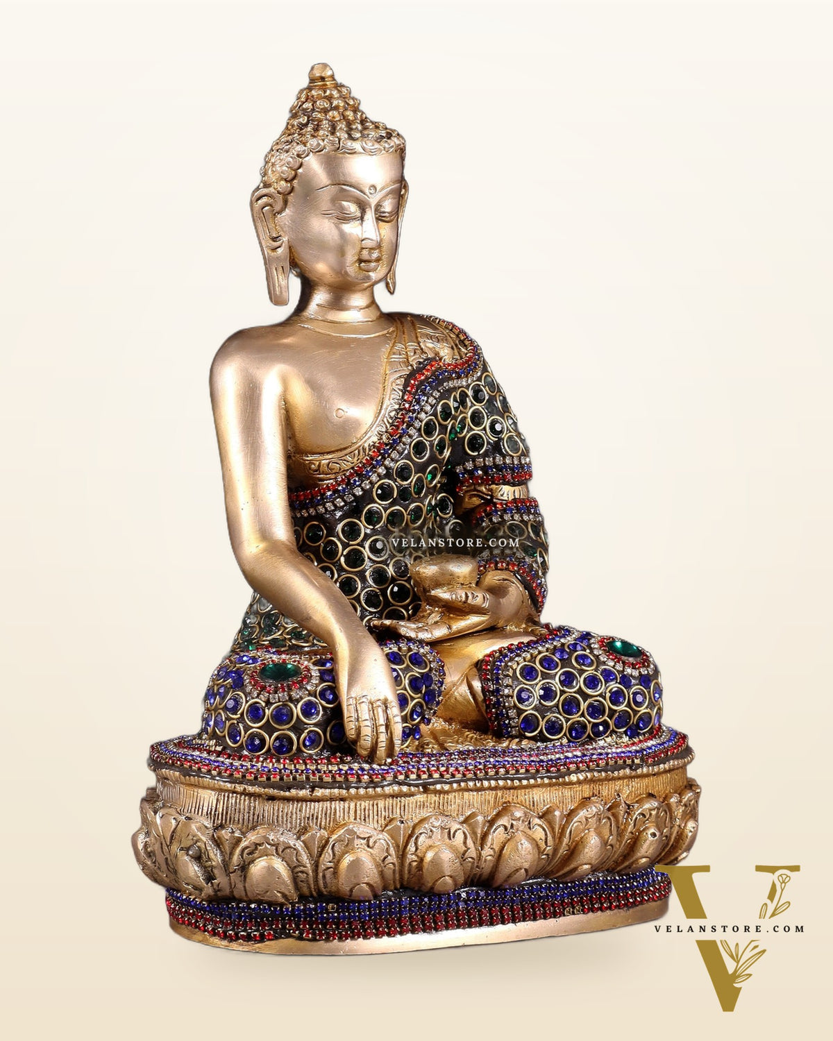 Brass Buddha bhoomisparsha Idol - 9 Inch jewellers meenakari