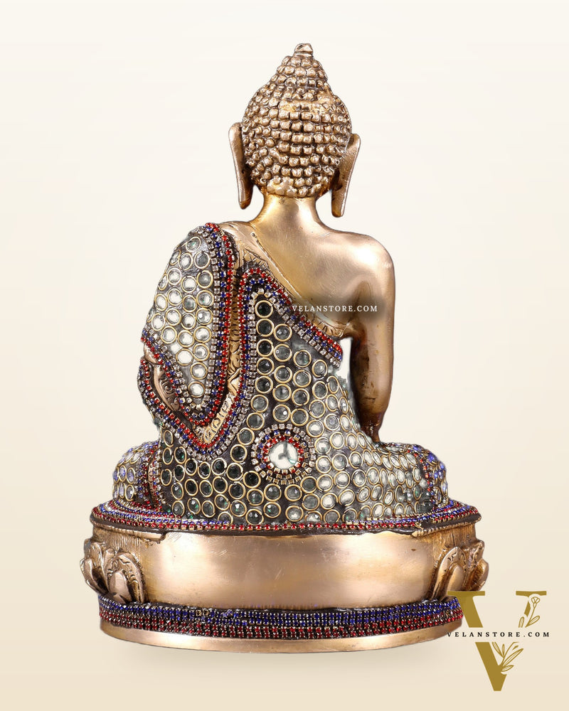 Brass Buddha bhoomisparsha Idol - 9 Inch jewellers meenakari