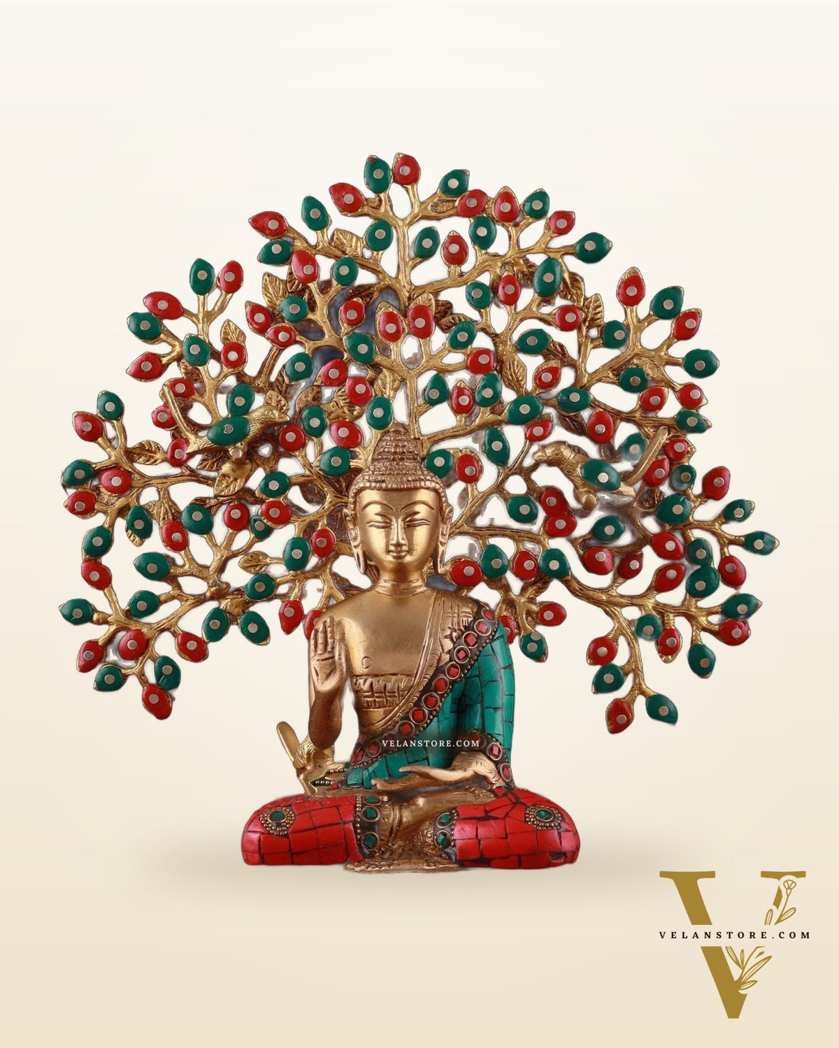Brass Buddha Blessing Idol & Handcrafted Kalpavriksha Tree