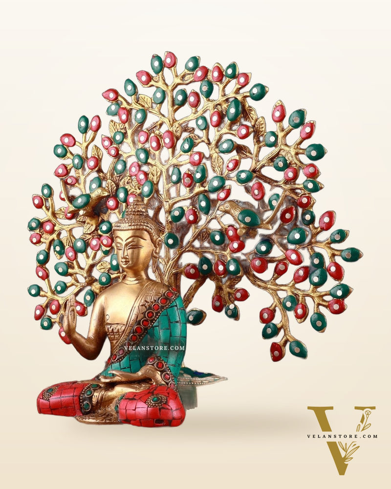 Brass Buddha Blessing Idol & Handcrafted Kalpavriksha Tree
